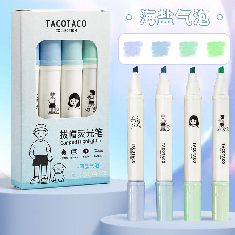 Stationery - TacoTaco Capped Highlighter 4pcs Blue Set - Goodie Goodie