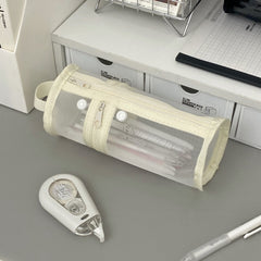 Stationery - Double-Opening Cylindrical Mesh Pencil Case D9x19.5cm - White - Goodie Goodie