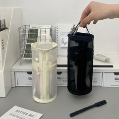 Stationery - Double-Opening Cylindrical Mesh Pencil Case D9x19.5cm - White - Goodie Goodie