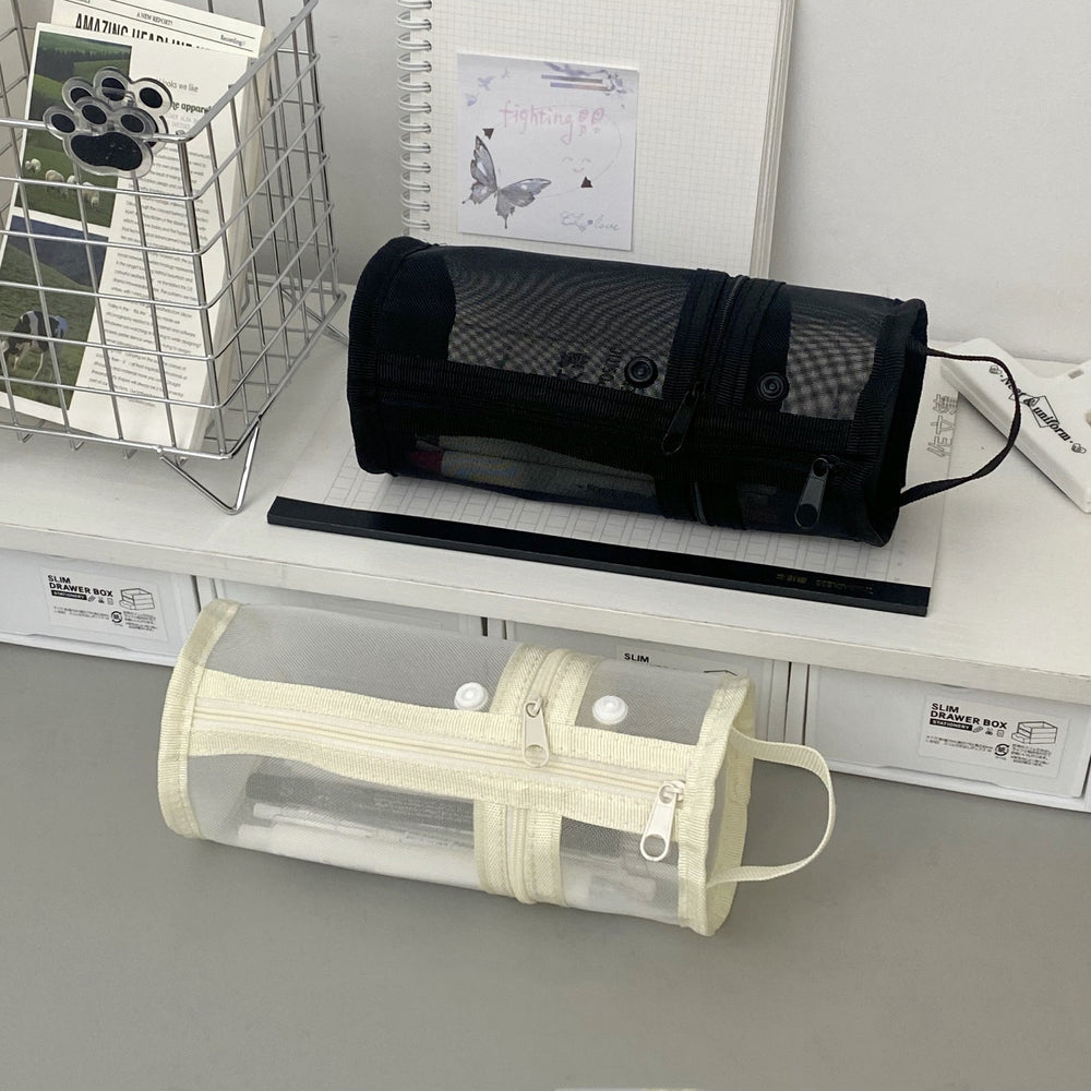 Stationery - Double-Opening Cylindrical Mesh Pencil Case D9x19.5cm - White - Goodie Goodie