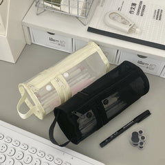 Stationery - Double-Opening Cylindrical Mesh Pencil Case D9x19.5cm - Black - Goodie Goodie