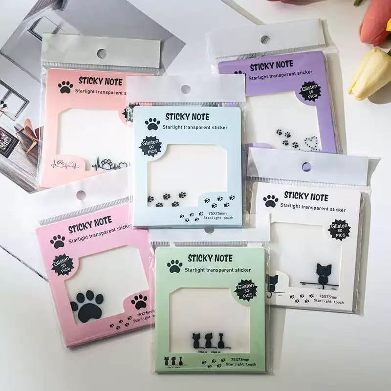 Stationery - Cat Paw Starlight Transparent Sticky Notes 75x75mm 50sheets Assorted - Goodie Goodie