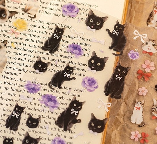 Stationery - Sweet Cat & Floral PET Waterproof Stickers 2 Sheets #1 - Goodie Goodie