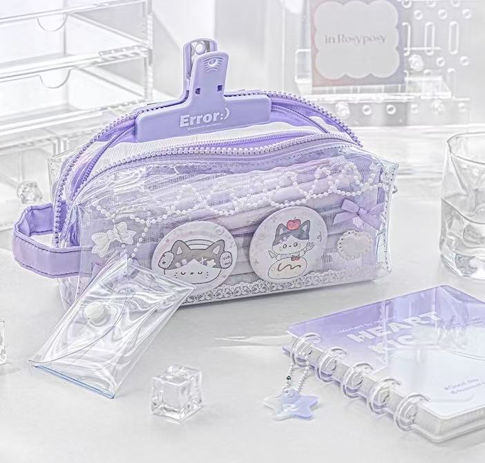 Stationery - Rosyposy Large-Capacity Transparent Waterproof Pencil Case - Purple - Goodie Goodie
