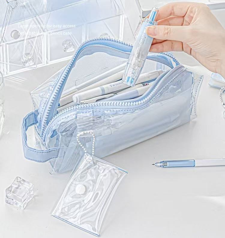 Stationery - Rosyposy Large-Capacity Transparent Waterproof Pencil Case - Blue - Goodie Goodie