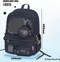 OOPSDAY Large-Capacity Denim Backpack with PVC Window