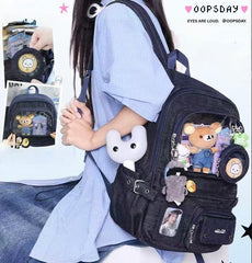 OOPSDAY Large-Capacity Denim Backpack with PVC Window