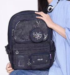 OOPSDAY Large-Capacity Denim Backpack with PVC Window