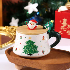 Christmas Ceramic Mug 290ml with Wooden Lid & Stirring Spoon Assorted