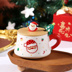 Christmas Ceramic Mug 290ml with Wooden Lid & Stirring Spoon Assorted
