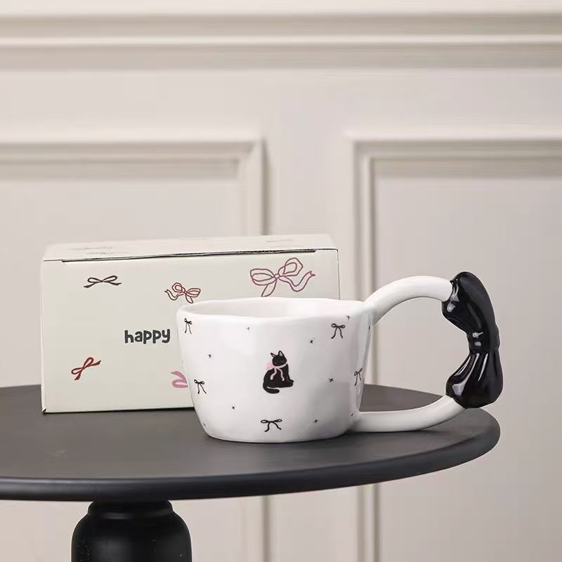 Bottles & Cups - Bow Handle Ceramic Mug 300ml Black Cat - Goodie Goodie