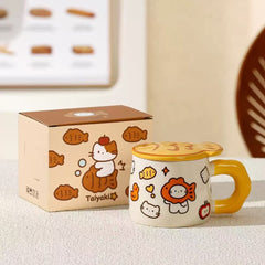 Taiyaki Cat Ceramic Mug With Lid 400ml Assorted