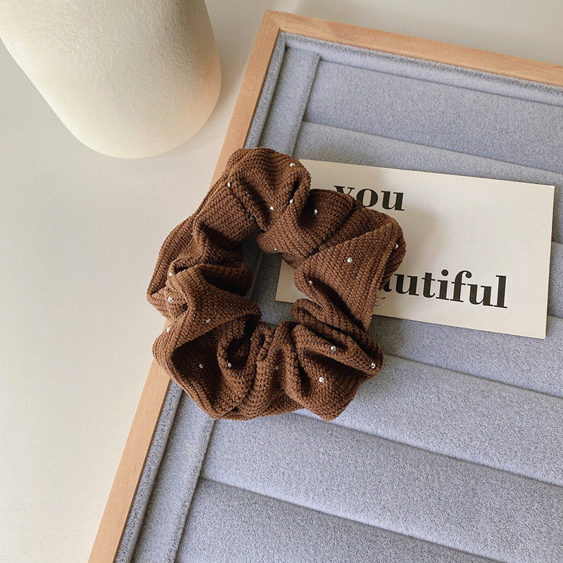 Rhinestone Fabric Scrunchie-Brown