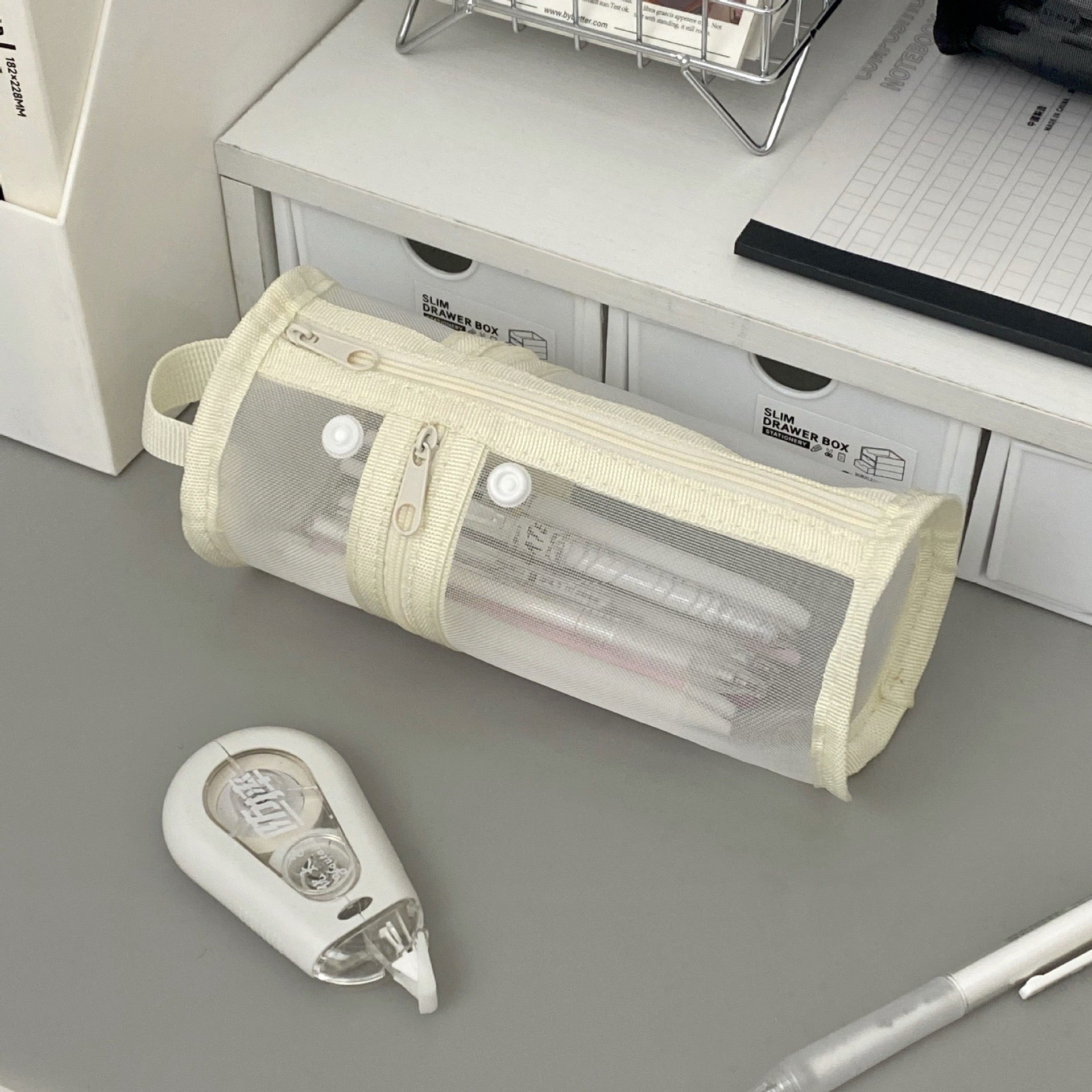 Double-Opening Cylindrical Mesh Pencil Case D9x19.5cm -  White
