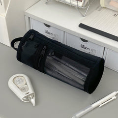 Double-Opening Cylindrical Mesh Pencil Case D9x19.5cm - Black