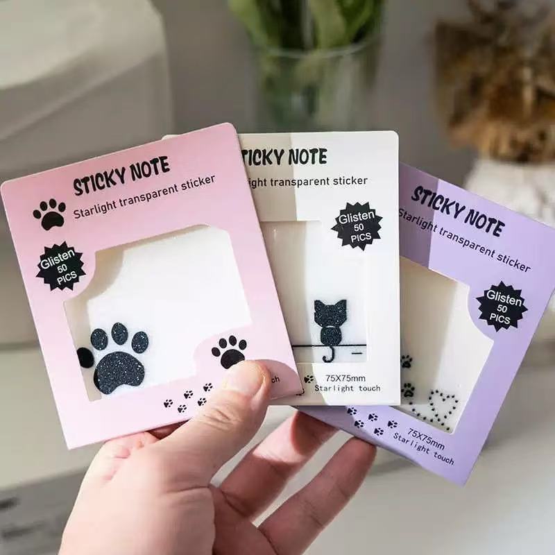 Cat Paw Starlight Transparent Sticky Notes 75x75mm 50sheets Assorted
