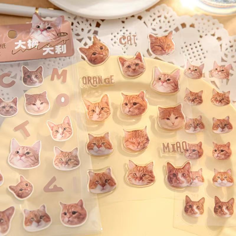 Stationery - Cat Head Sticker 3 sheets Orange - Goodie Goodie