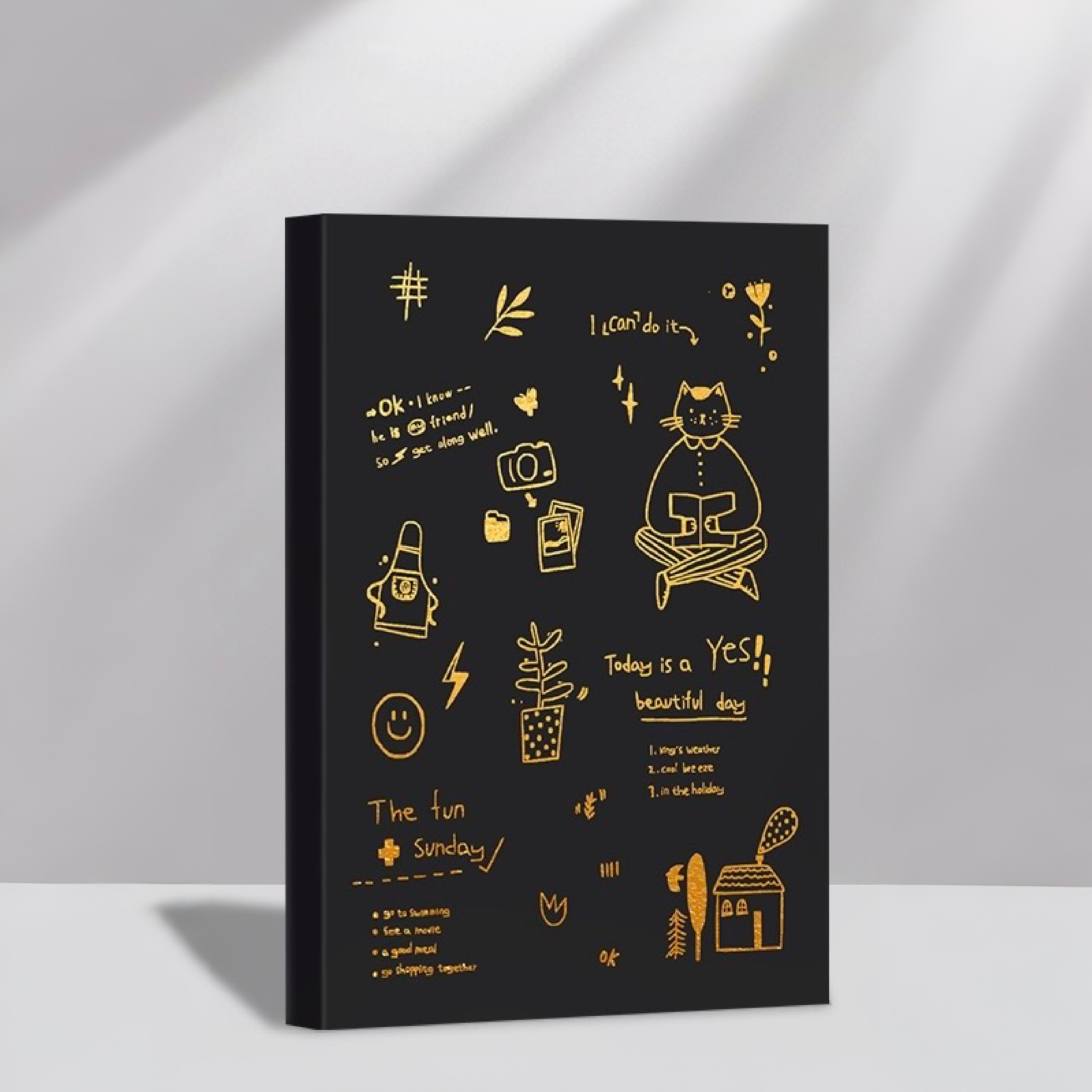 Gold Foil Cat “Lovely Life” A5 Thick Plain Notebook 128 Sheets Assorted