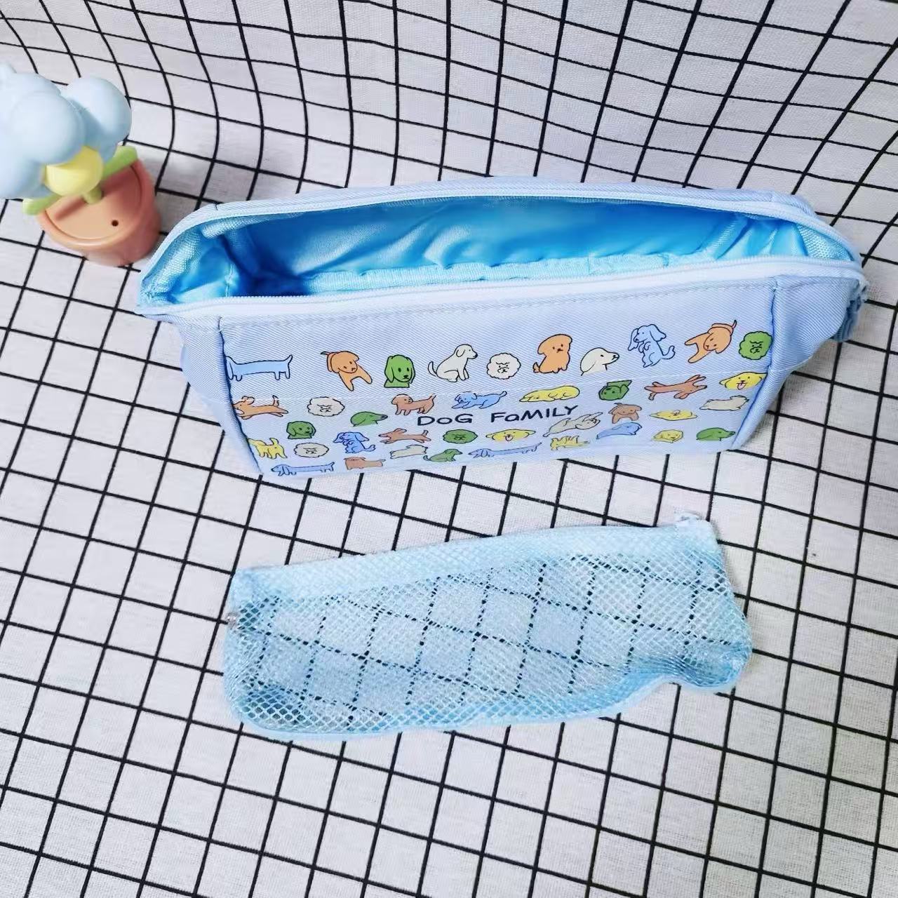 Dog Family Canvas Pencil Case 80x95x275mm with Mesh Inner Case Assorted