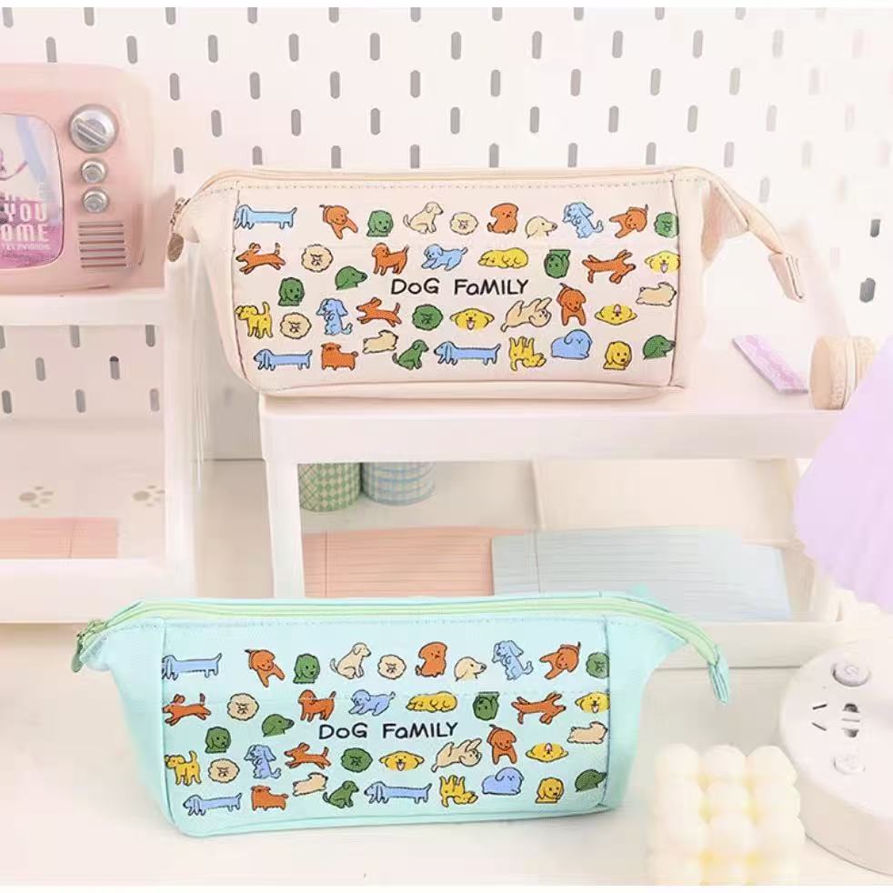 Dog Family Canvas Pencil Case 80x95x275mm with Mesh Inner Case Assorted