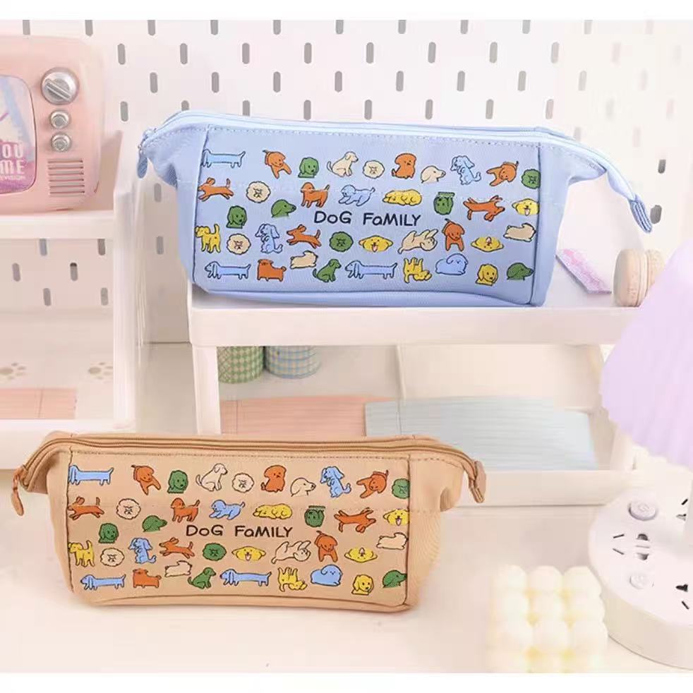 Dog Family Canvas Pencil Case 80x95x275mm with Mesh Inner Case Assorted