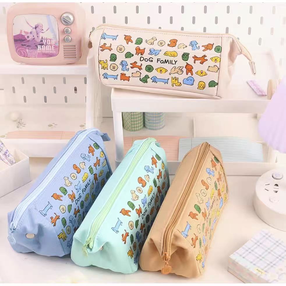 Dog Family Canvas Pencil Case 80x95x275mm with Mesh Inner Case Assorted