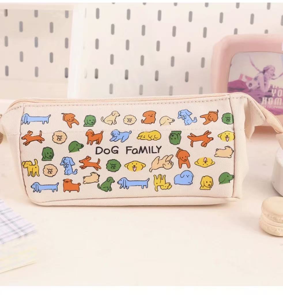 Dog Family Canvas Pencil Case 80x95x275mm with Mesh Inner Case Assorted