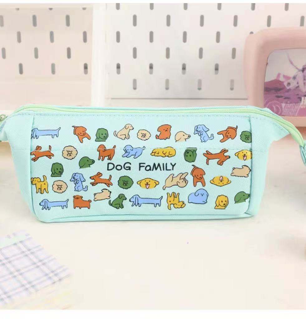 Dog Family Canvas Pencil Case 80x95x275mm with Mesh Inner Case Assorted