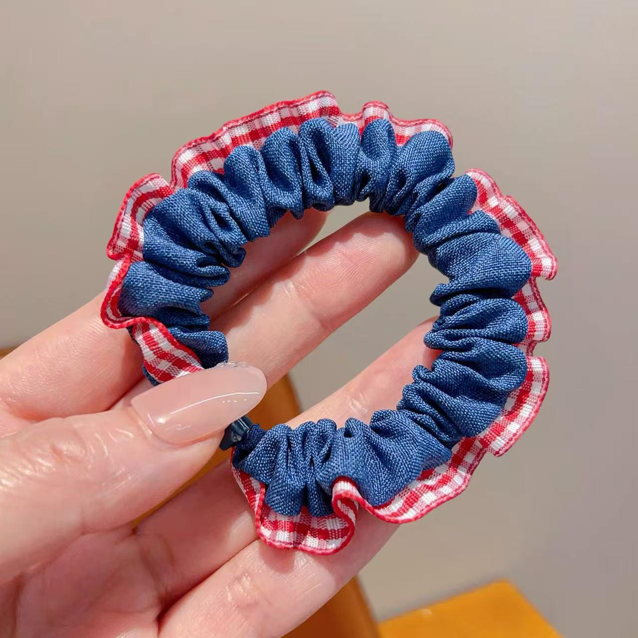 Denim Hair Scrunchies 2 Pack - Navy/Red