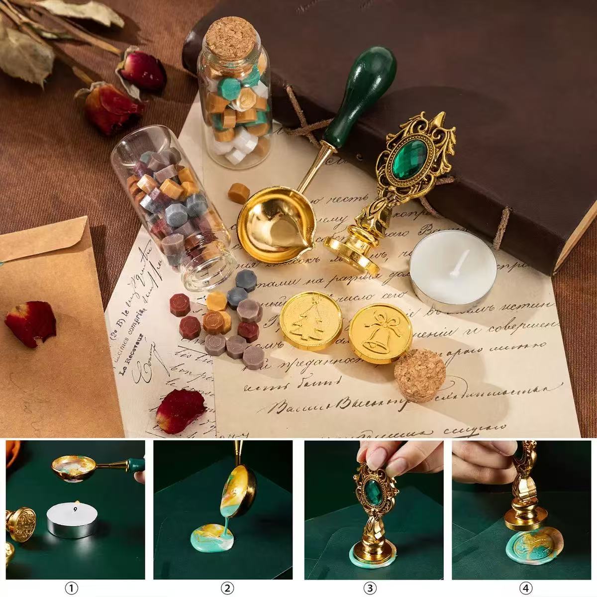 Christmas-Themed Vintage Wax Seal Stamp 7-Piece Set – Green Handle