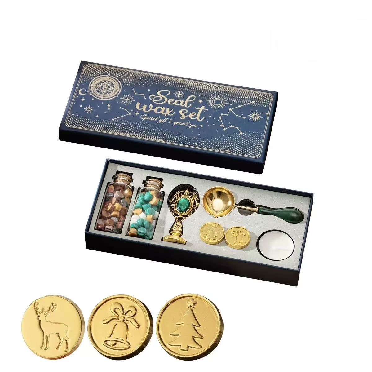 Christmas-Themed Vintage Wax Seal Stamp 7-Piece Set – Green Handle