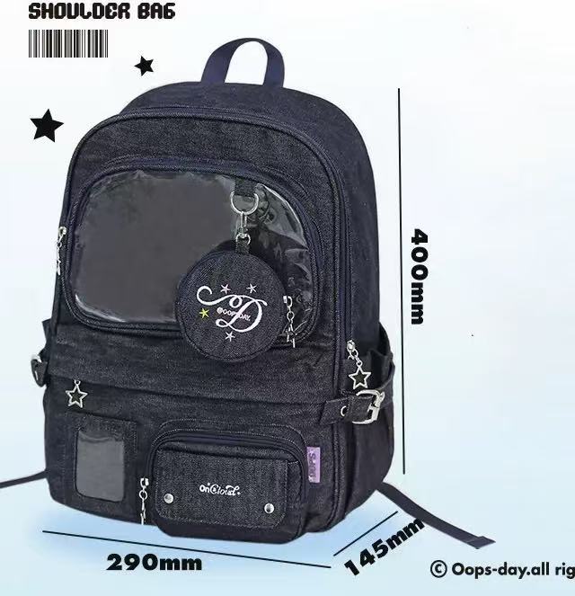 OOPSDAY Large-Capacity Denim Backpack with PVC Window