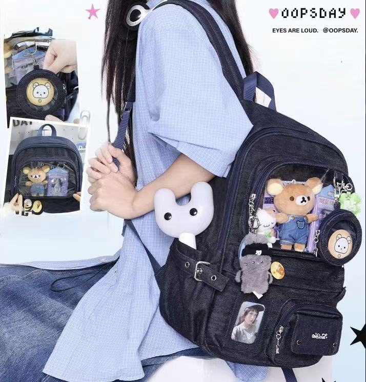 OOPSDAY Large-Capacity Denim Backpack with PVC Window