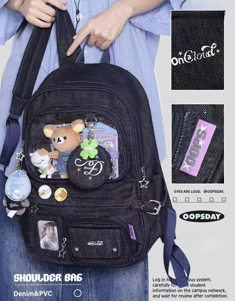 OOPSDAY Large-Capacity Denim Backpack with PVC Window