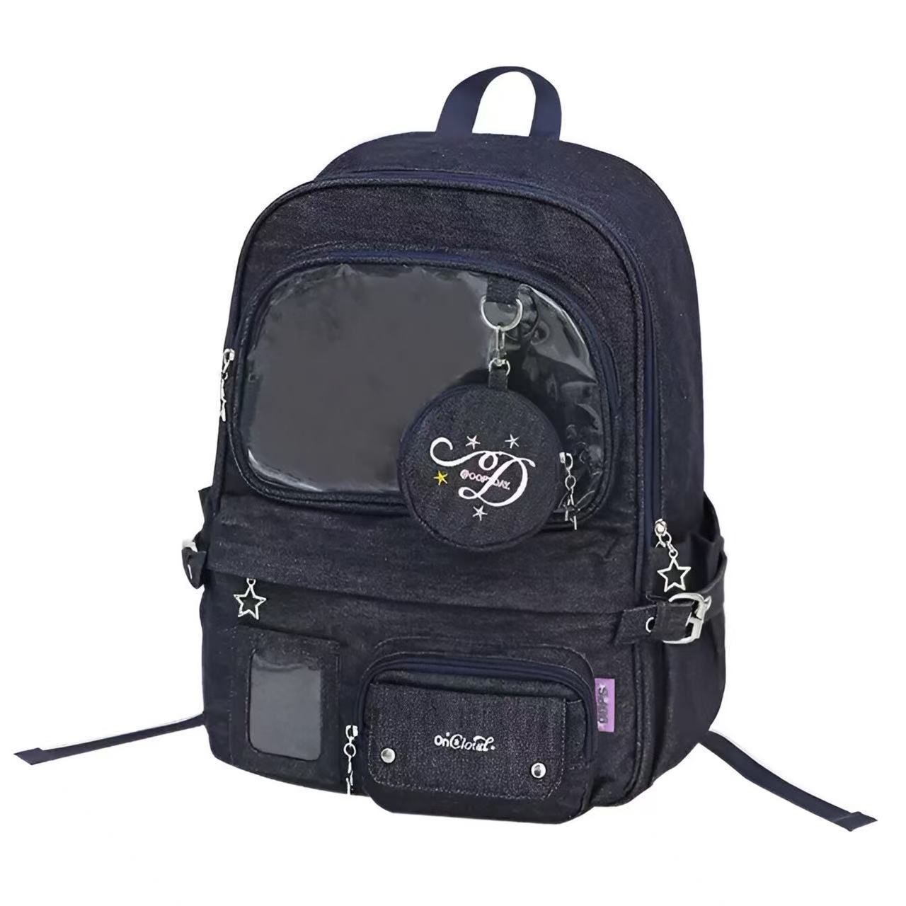 OOPSDAY Large-Capacity Denim Backpack with PVC Window