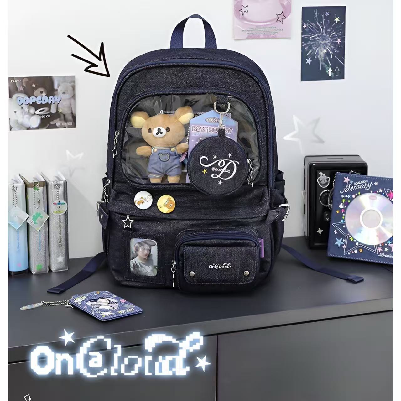 OOPSDAY Large-Capacity Denim Backpack with PVC Window