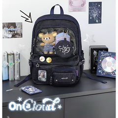 OOPSDAY Large-Capacity Denim Backpack with PVC Window