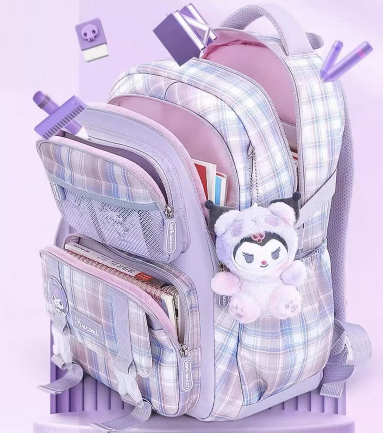 Sanrio Plaid Backpack 31×15×41.5 cm - Kuromi