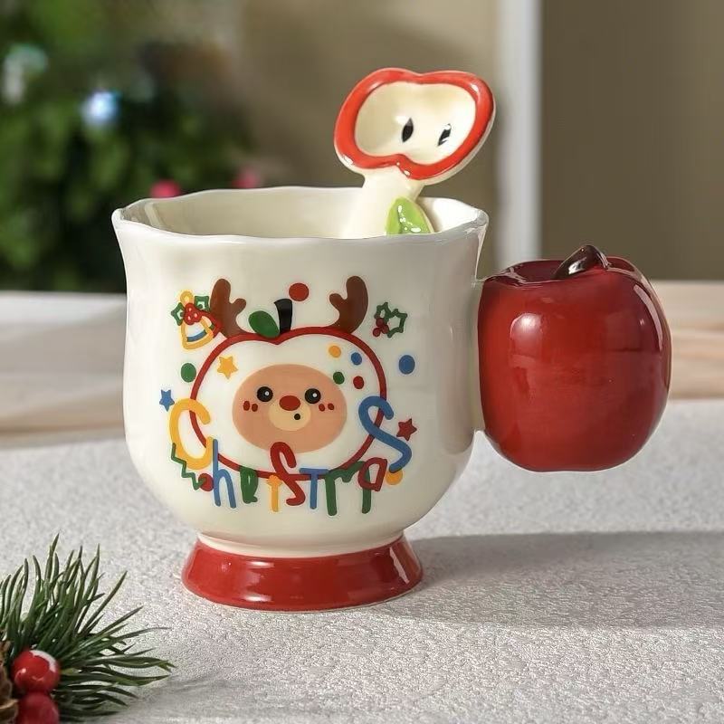 Christmas Apple Ceramic Mug with Apple-Shaped Spoon 350ml Assorted