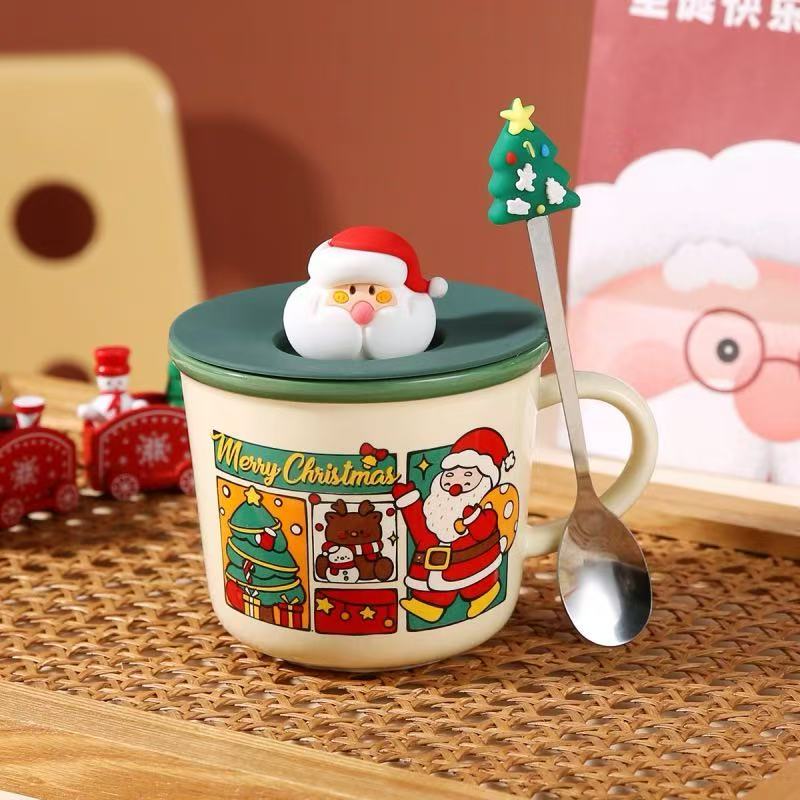 Santa Claus Ceramic Mug with Silicone Lid & Stirring Spoon 400ml