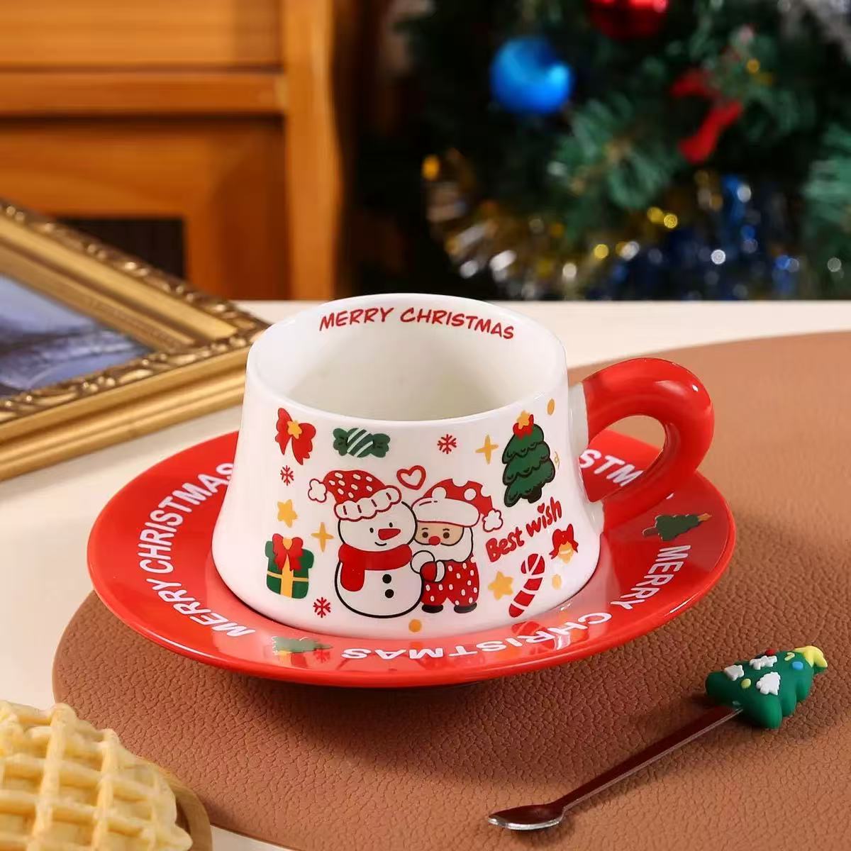 Christmas Ceramic Coffee Cup Set with Saucer & Spoon – 290ml Assorted