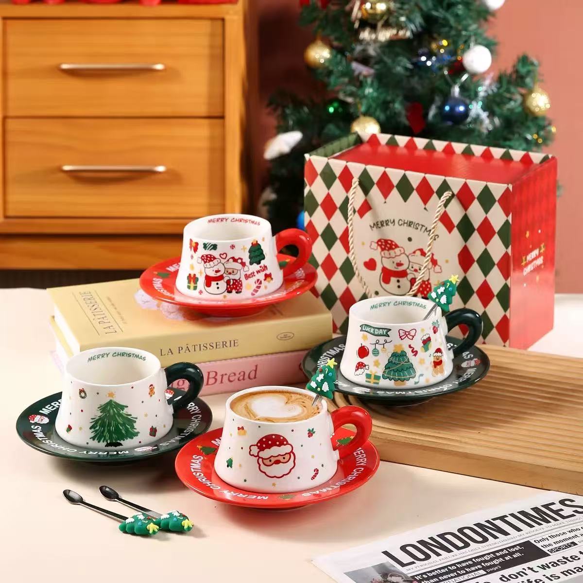 Christmas Ceramic Coffee Cup Set with Saucer & Spoon – 290ml Assorted