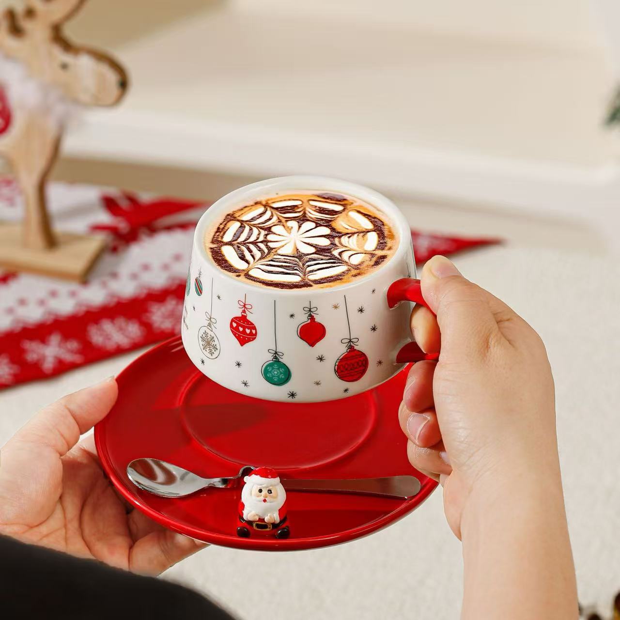 Christmas Ceramic Latte Cup Set with Saucer & Spoon – 250ml Assorted