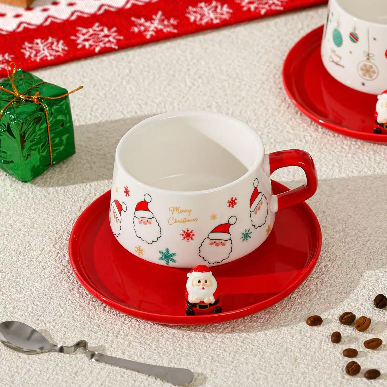 Christmas Ceramic Latte Cup Set with Saucer & Spoon – 250ml Assorted