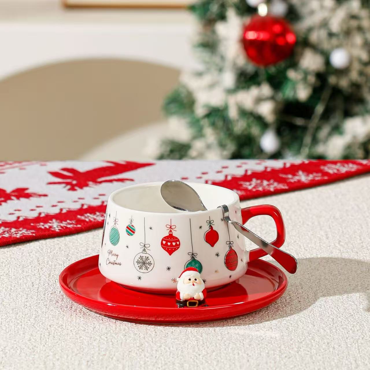 Christmas Ceramic Latte Cup Set with Saucer & Spoon – 250ml Assorted