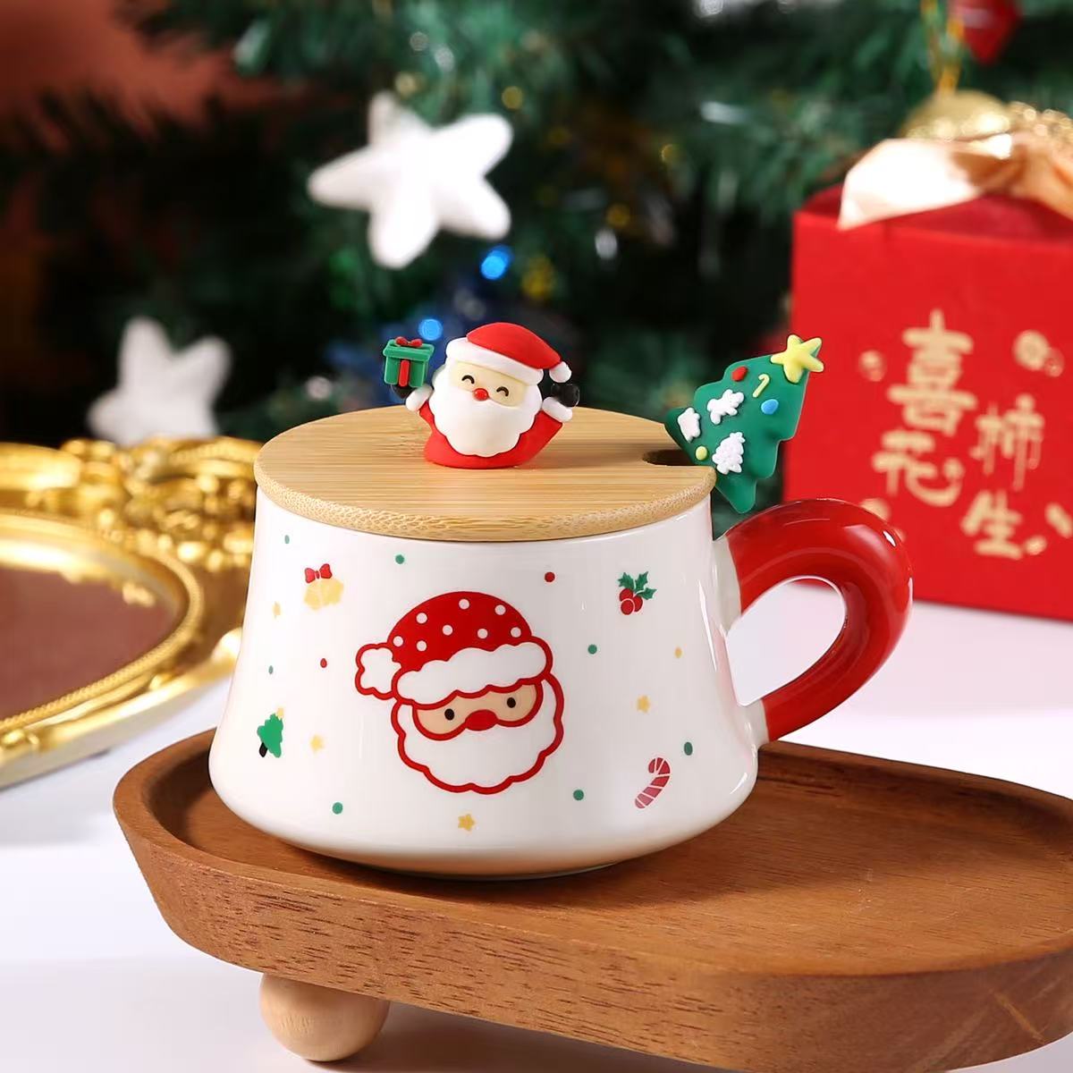 Christmas Ceramic Mug 290ml with Wooden Lid & Stirring Spoon Assorted
