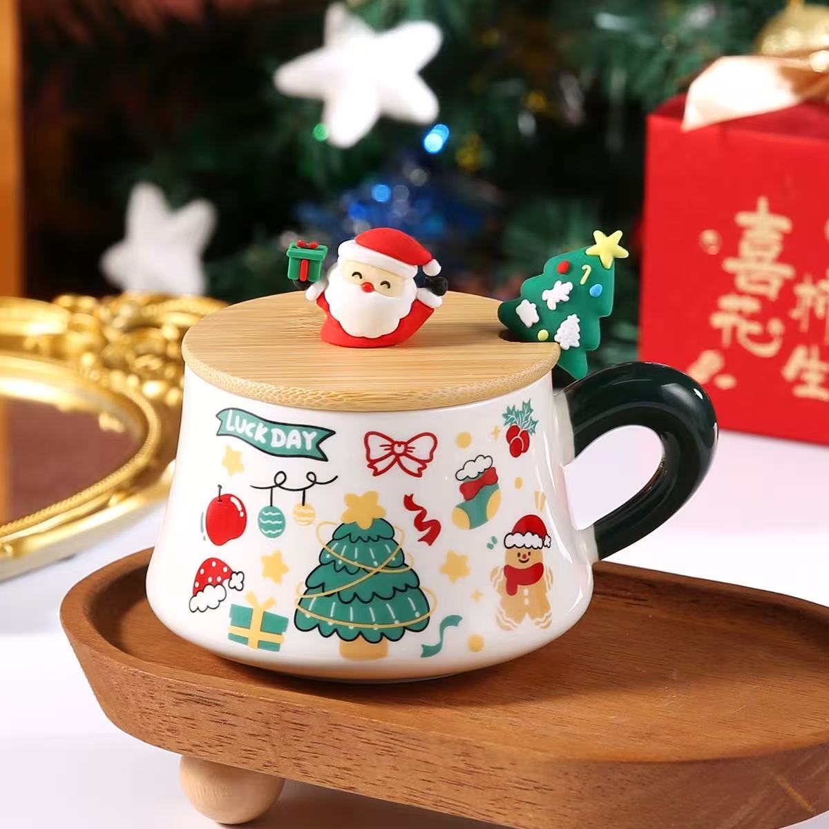 Christmas Ceramic Mug 290ml with Wooden Lid & Stirring Spoon Assorted