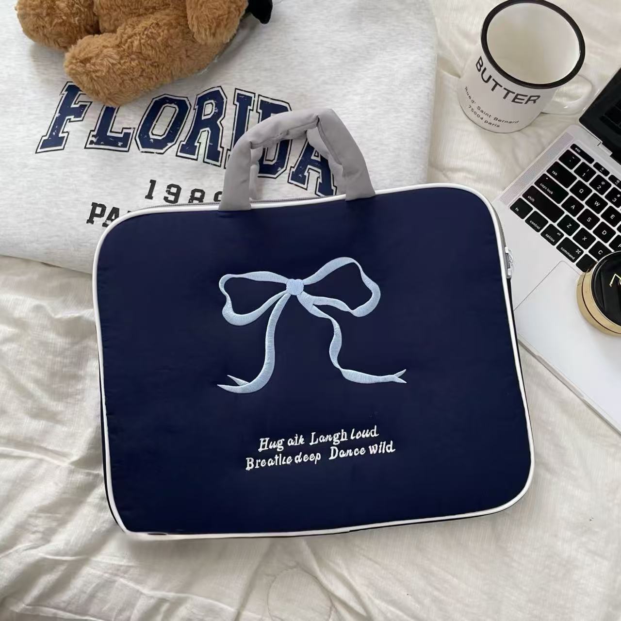 Bow Embroidered Laptop Sleeve 14" – Navy Blue