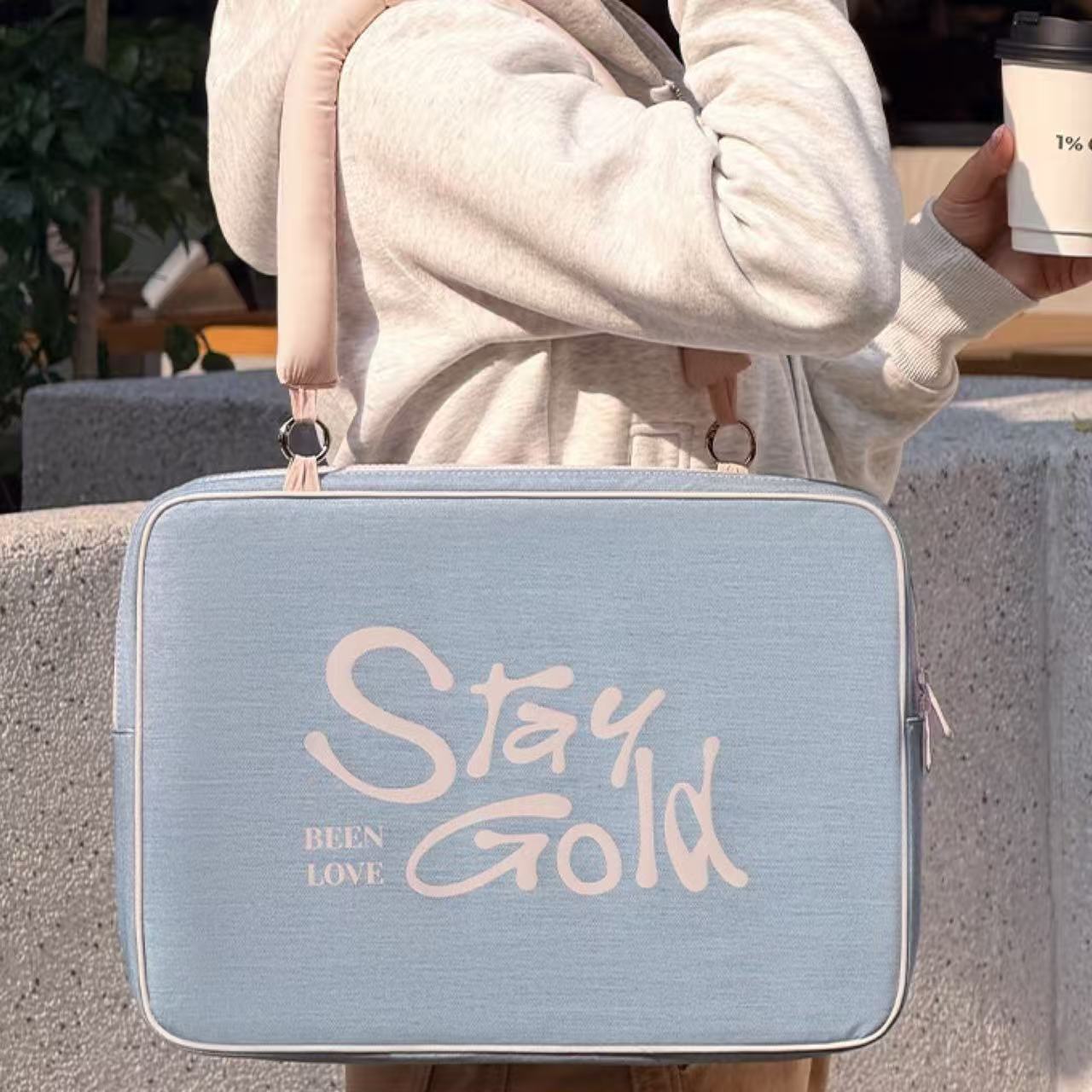 "Stay Gold" Denim Laptop Shoulder Bag 15.6"