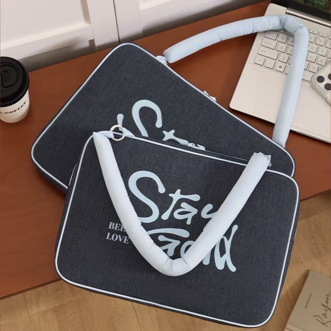 "Stay Gold" Denim Laptop Shoulder Bag 15.6"
